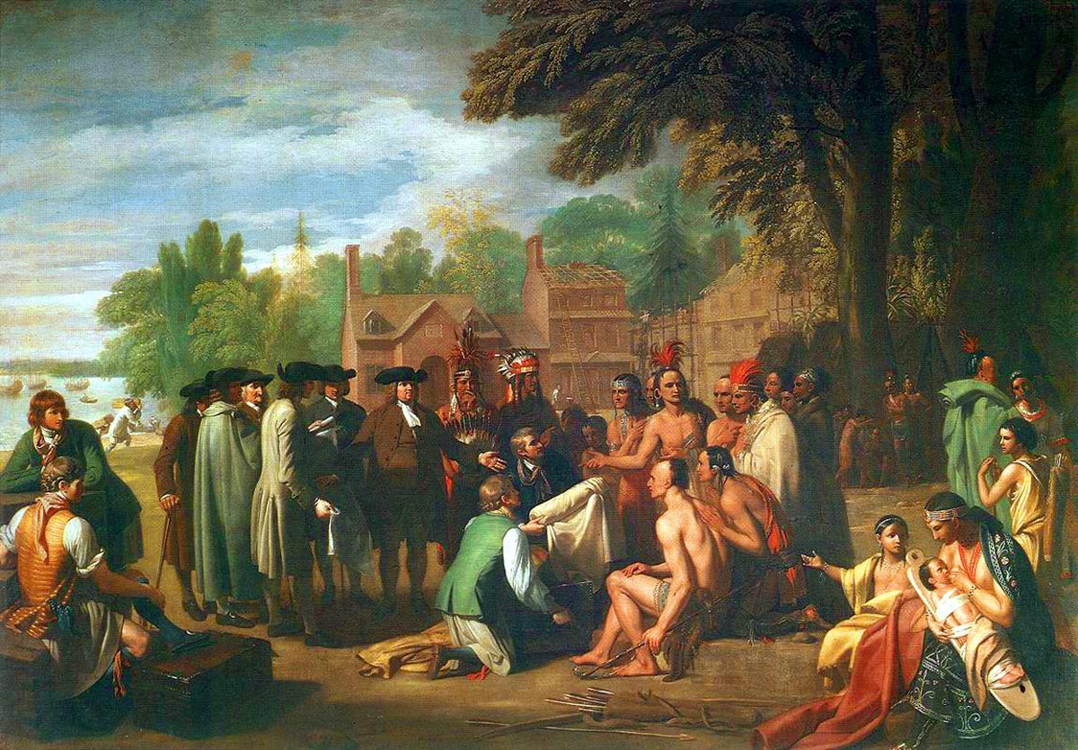 clothed Quakers surround an open-armed William Penn and barefoot Indians examine a bolt of cloth