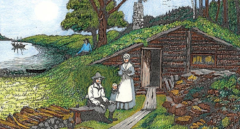 settler family sits in front of liog cabin built into the riverbank