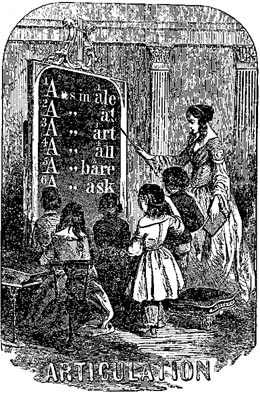 woodcut: teacher points to an Articulation lesson on chalkboard