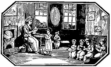woodcut: A small girl confers with the teacher in a classroom with 5 other pupils