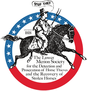 horse rider with pitchfork shouts 'Stop thief', circle border, top half blue with white stars, bottom red