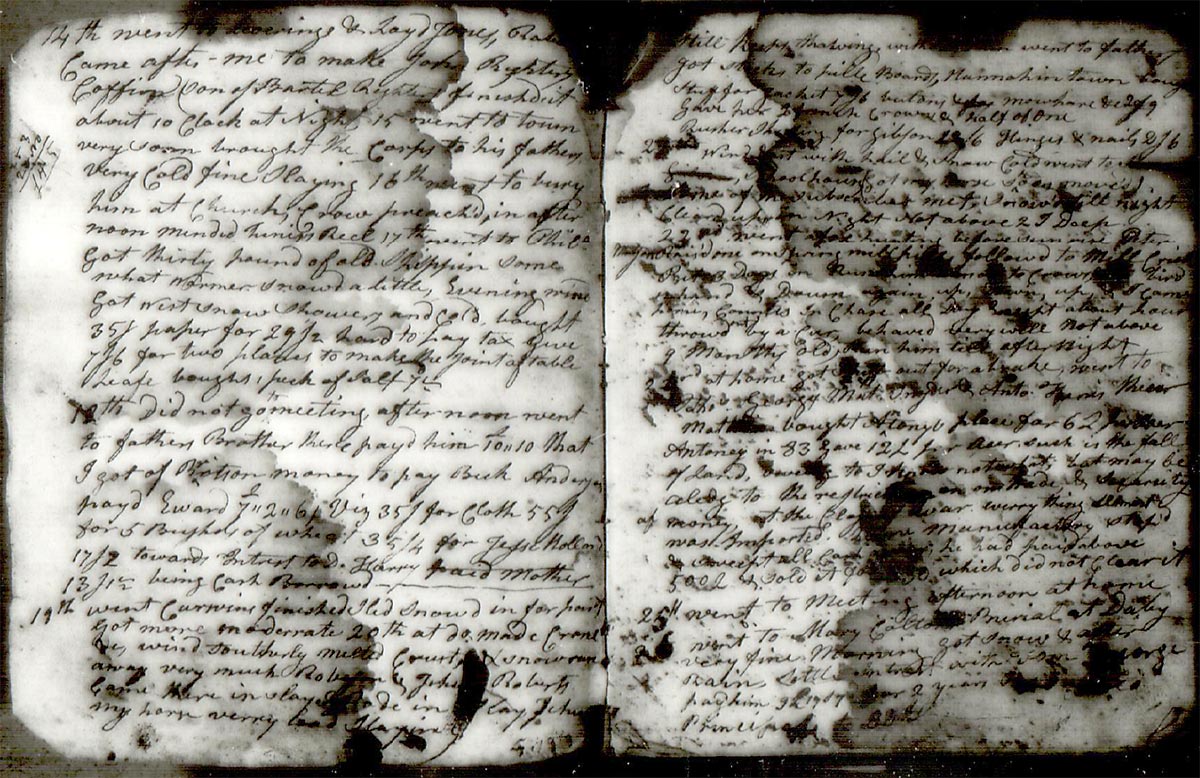 2-page notebook spread, tattered, full of ink blots