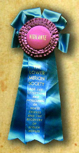 badge that says 'vigilante' with blue ribbon