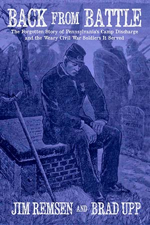 book cover: an old soldier, head down, rests on a grave slab, crutch at his side. A ghostly parade of young troops marches past behind him