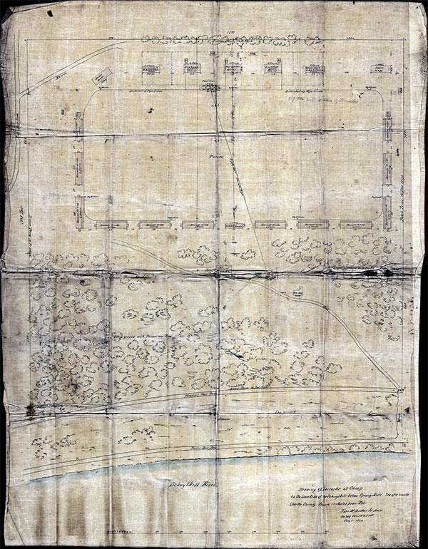 layout plan, ink on cloth; buildings surround a parade ground above woods, railroad and river