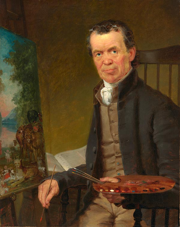 man dressed in frock coat with brush and palette in his hands looking at the viewer