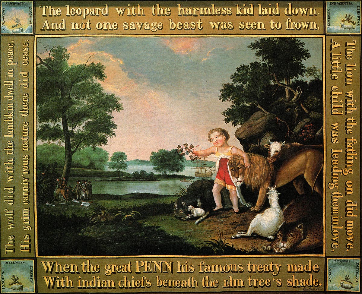 A child, arm around a lion, surrounded by predator and domesticated farm animals points to a scene of Penn's treaty with the Indians by the river