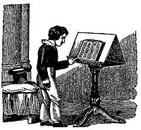 woodcut: boy examines a book on a stand
