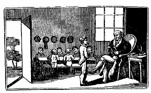 woodcut: pupil stands before a teacher