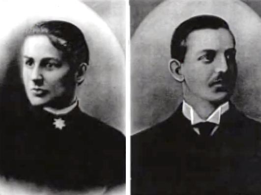 portraits of a woman and man in dark formal 19th-century clothing